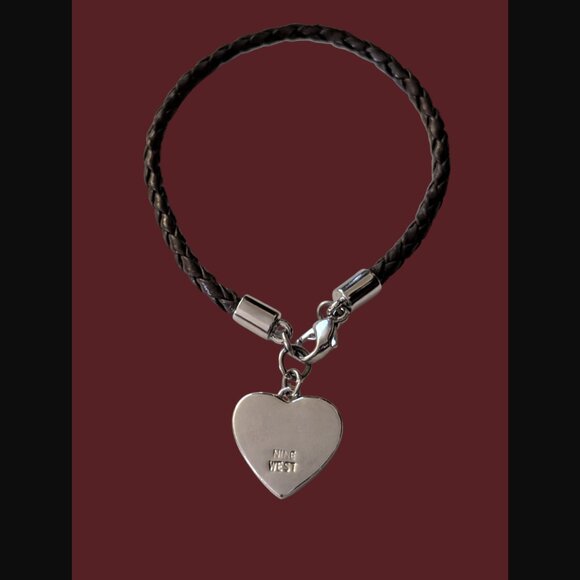 Nine West Braided Leather Band Silver Tone Heart Bangle Bracelet 6.5" - Picture 9 of 10